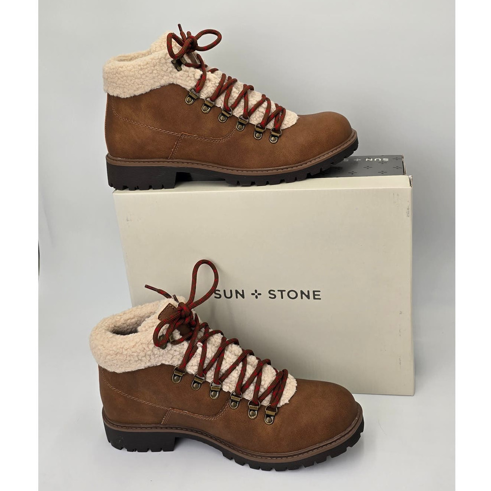 Sun + Stone Glenn Brown Faux Leather Sherpa Trim Memory Foam Boots Mens 10.5M - Picture 2 of 10